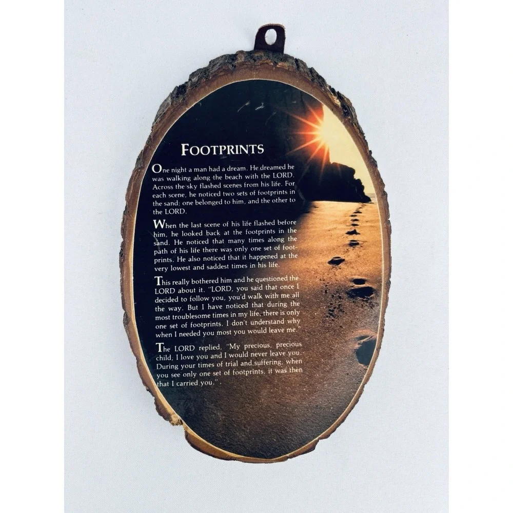Vintage Footprint Poem on Tree Trunk Log Slice Wood Decor Wall Artwork Camp